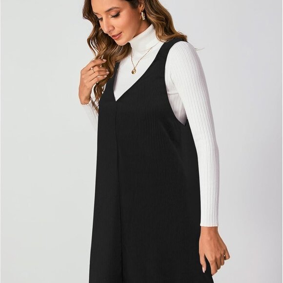 2025 Fall Women's V Neck Corduroy Overall Mini Pinafore Dress in Black - Large - Picture 5 of 5
